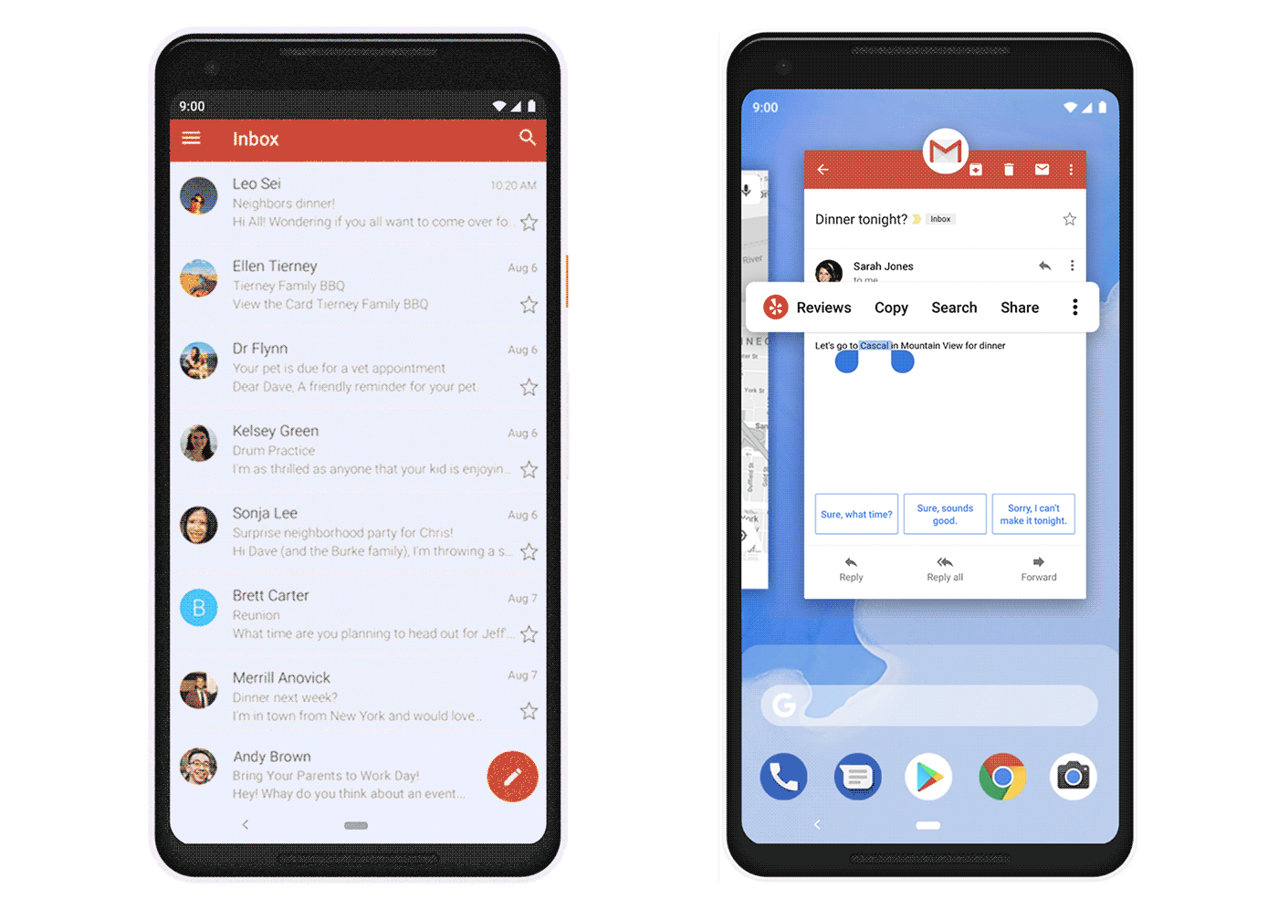 Android 9 intuitive navigation and Smart Text Selection feature. Source: Google