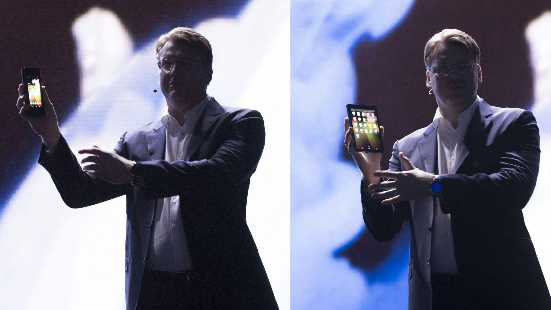 Justin Denison, SVP of Mobile Product Marketing showcases Samsung's foldable smartphone. SDC 2018.