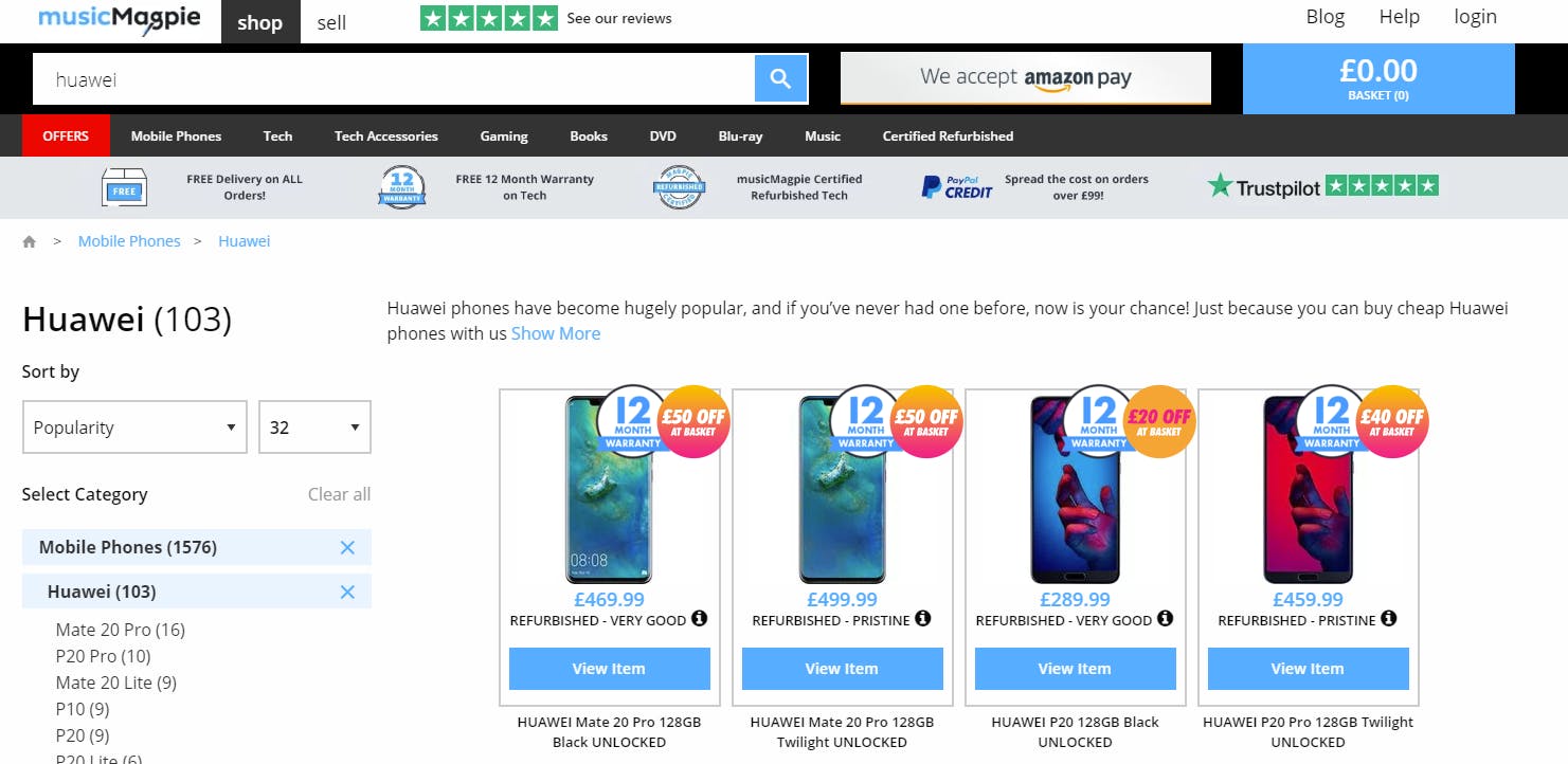 Refurbished Huawei prices on 28/05 at