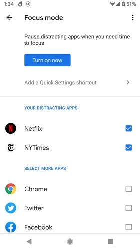 screengrab of focus mode on Android 10